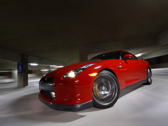 Red Nissan GTR in a Parking Garage