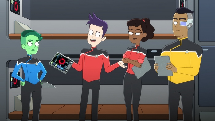 Star Trek: Lower Decks characters in a room