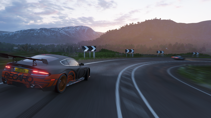 Aston Martin from Forza Horizon 4 on a winding road
