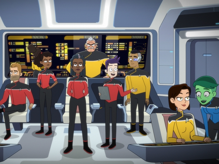 Star Trek: Lower Decks characters on the bridge