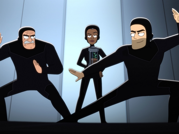 Star Trek: Lower Decks characters in black suits