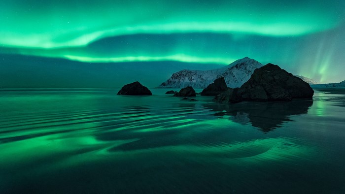 Aurora Borealis over Lofoten beach with snowy mountains