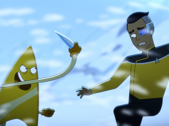 Star Trek: Lower Decks Rutherford and a Triangle Alien
