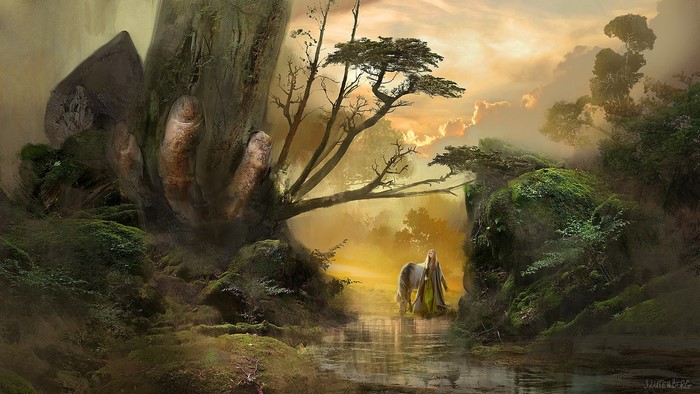 Fantasy girl with horse by a stream in a forest