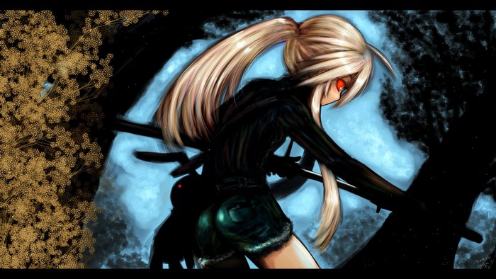 Anime girl with blonde hair and red eyes holding swords