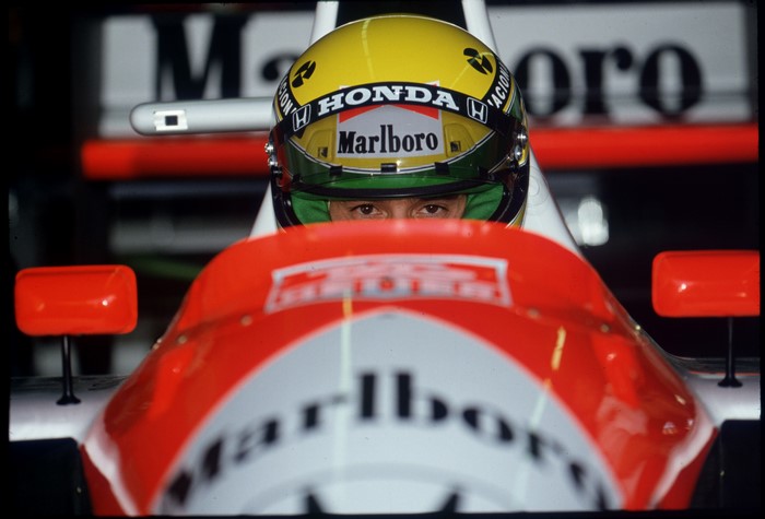 Ayrton Senna in a McLaren-Honda Formula 1 car