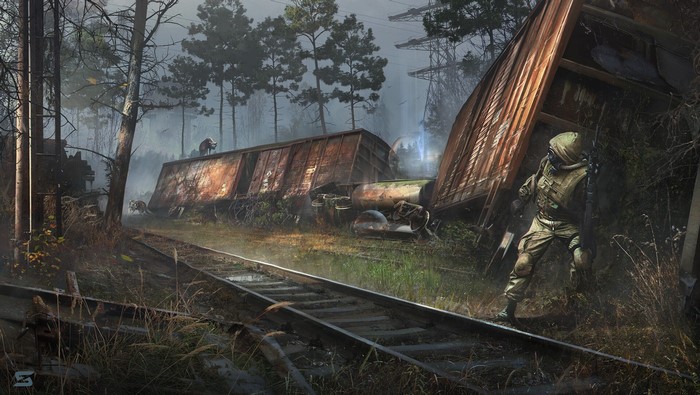 S.T.A.L.K.E.R. video game art of a crashed train in a forest
