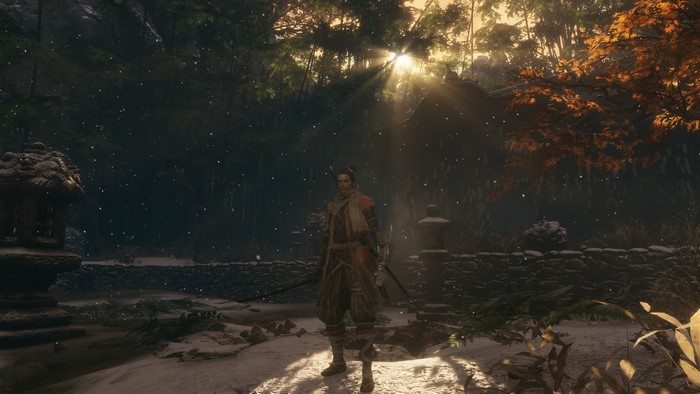 Wolf from Sekiro: Shadows Die Twice in a snowy garden