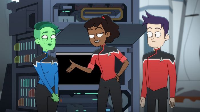 Star Trek: Lower Decks characters in a ship corridor