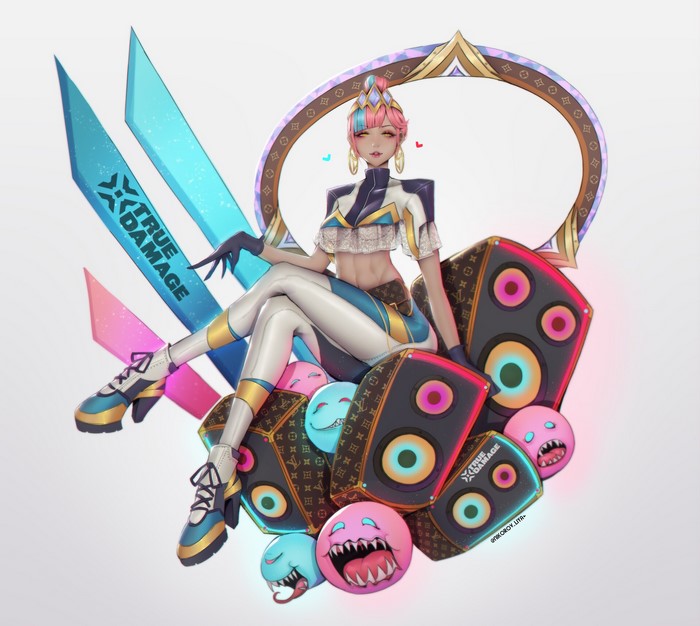 Qiyana from True Damage with speakers and smiley faces