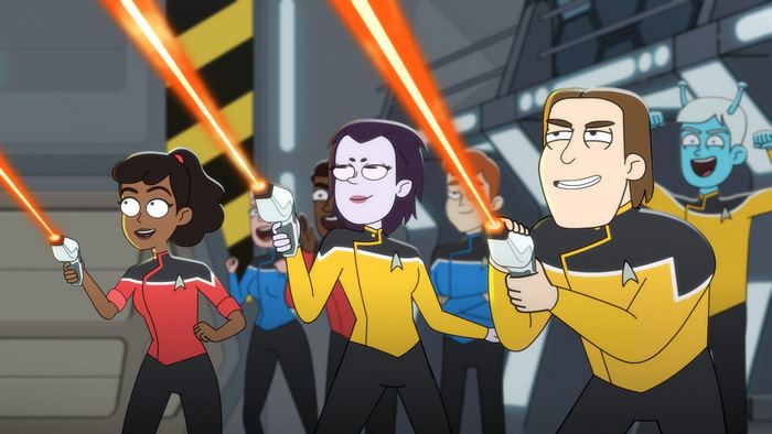 Star Trek: Lower Decks characters firing phasers