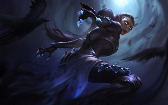 Girl with glowing blue eyes and claws surrounded by crows