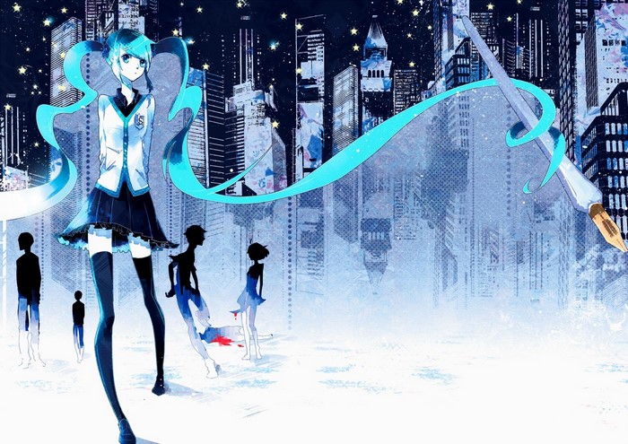 Hatsune Miku in a city at night with a paintbrush