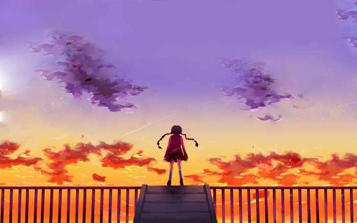 Anime girl with pigtails looking at sunset sky