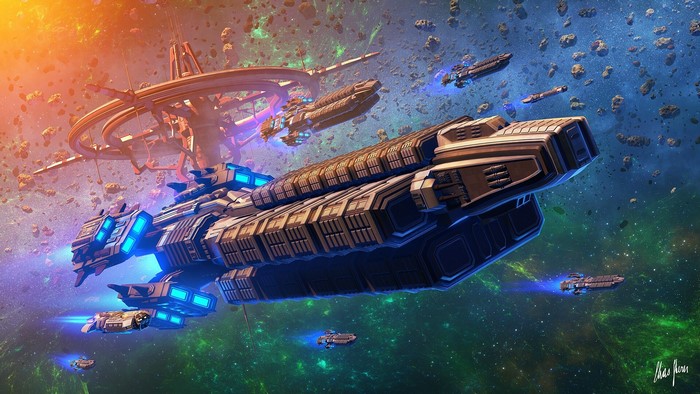 Spaceship docking at a space station amidst asteroids