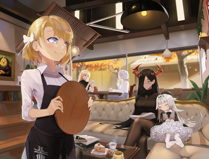 Azur Lane characters in a cafe with autumn scenery