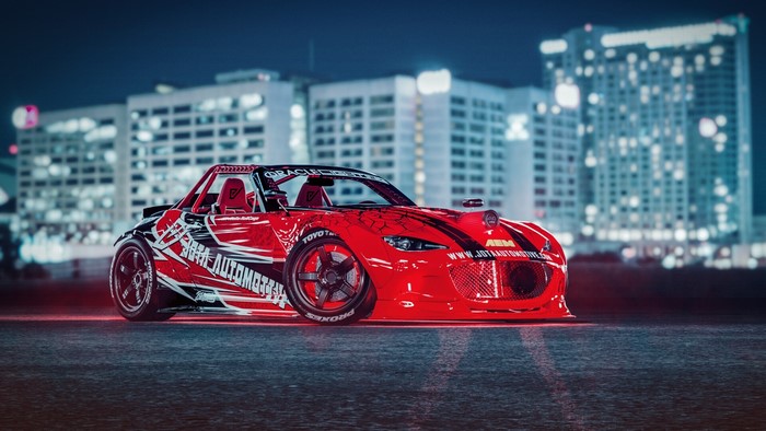 Red Mazda MX-5 with custom racing livery