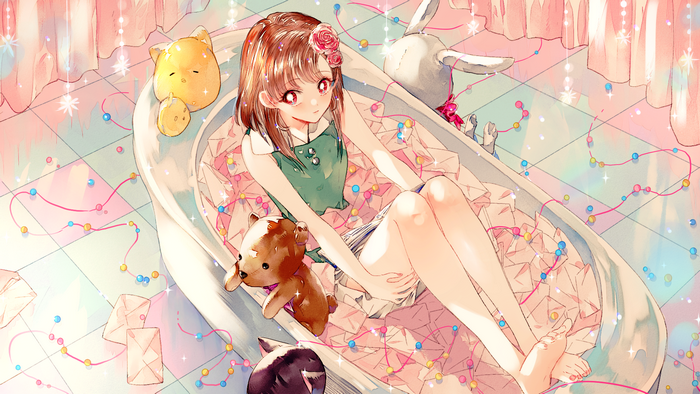 Anime girl with plush toys in a bathtub