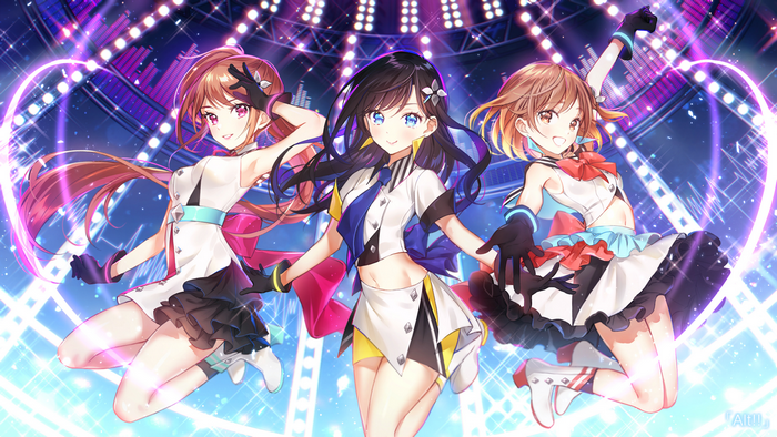 Three anime girls performing on stage