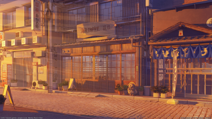 Anime street scene with Japanese shops at sunset