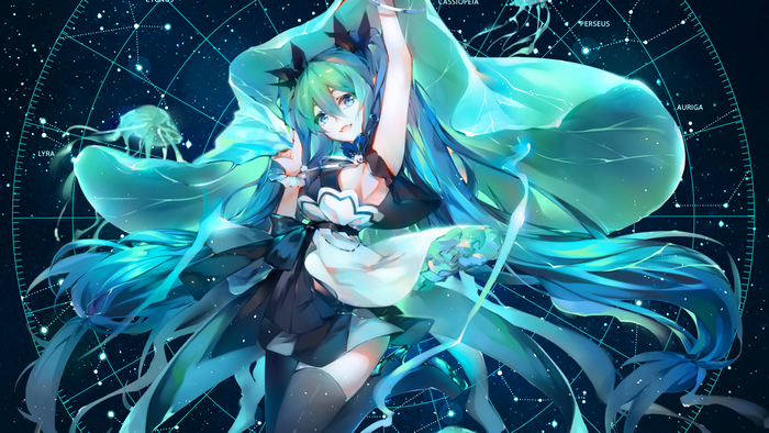 Hatsune Miku from Vocaloid in a starry sky