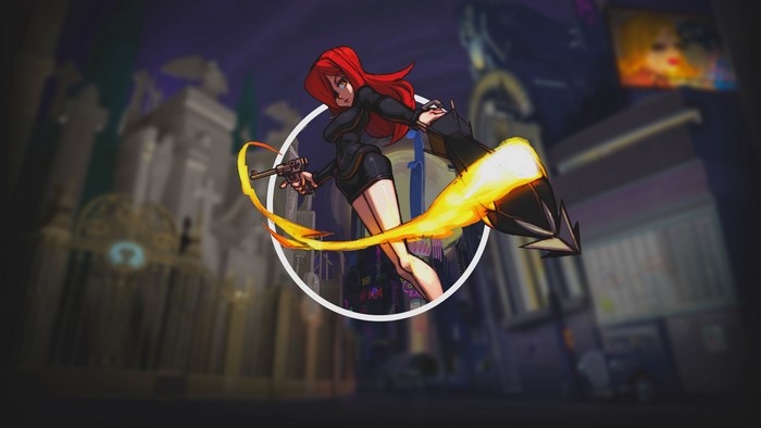 Parasoul from Skullgirls with a gun