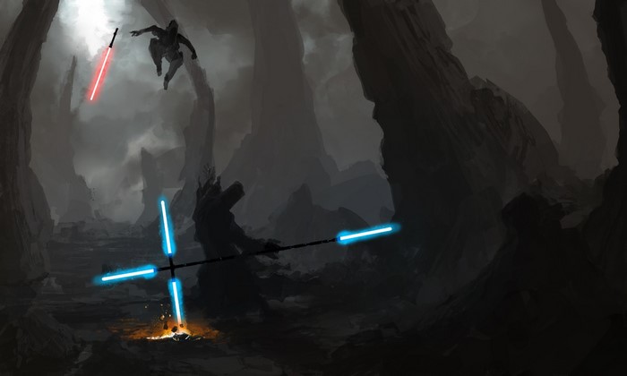 Star Wars characters fighting with lightsabers in a cave