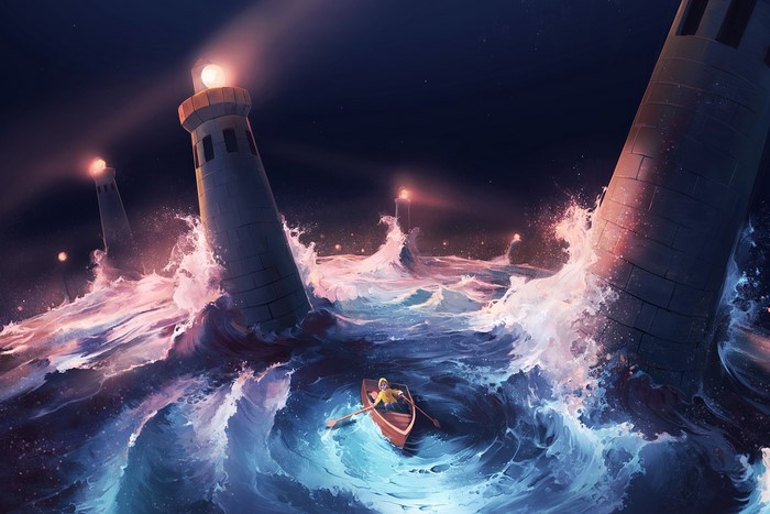 Person in a boat amidst stormy seas and lighthouses