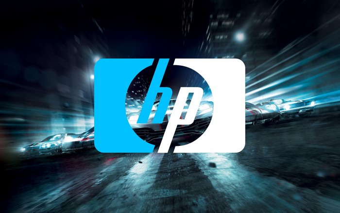 HP logo with racing cars