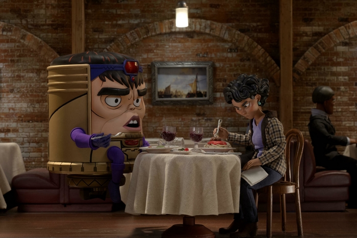M.O.D.O.K. and woman eating spaghetti in a restaurant