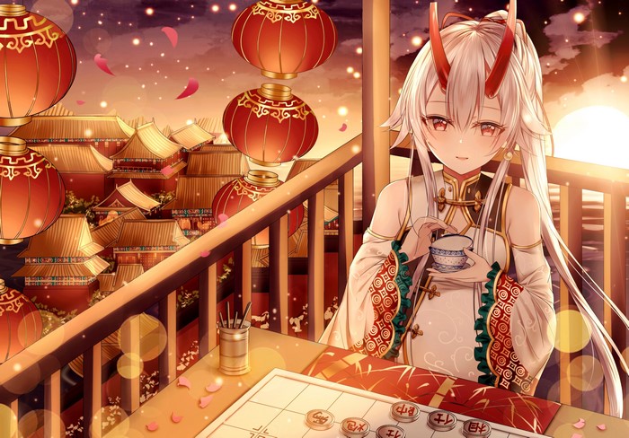 4K Anime Girl with Horns Playing Chess