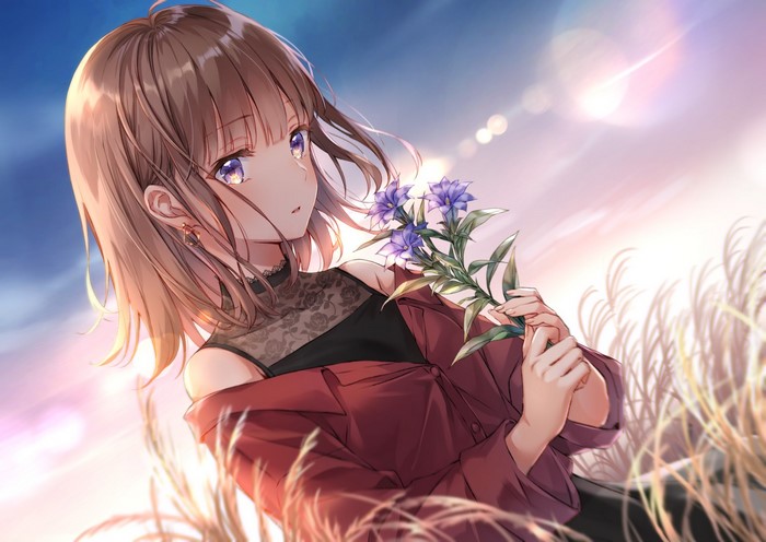 Anime girl with purple eyes holding flowers