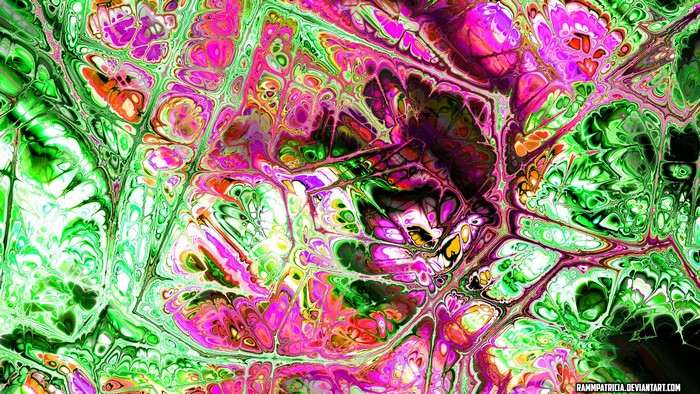 Abstract digital art with pink, green, and orange colors
