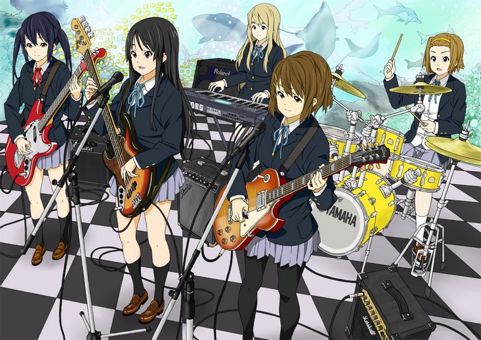 K-ON! girls playing musical instruments in school uniforms