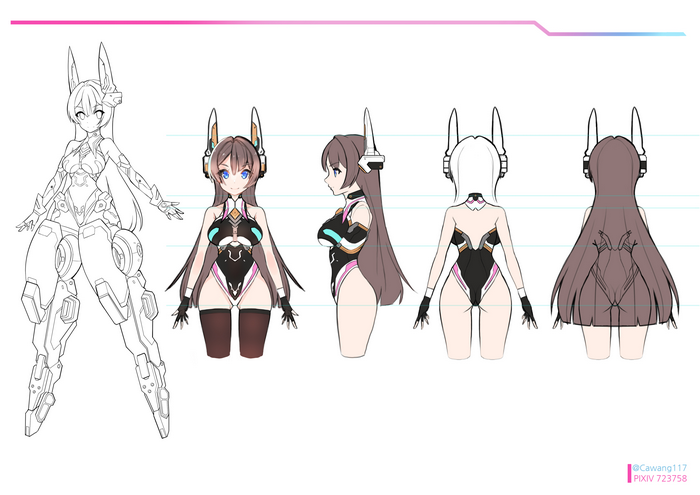 Mecha girl character reference sheet