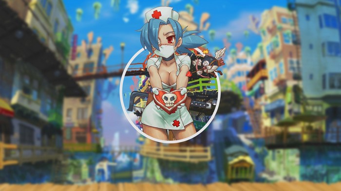 Filia from Skullgirls holding a heart present