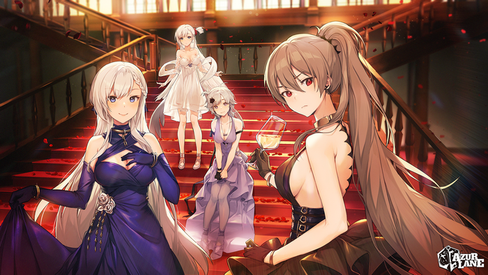 Azur Lane: Four women in formal dresses on a grand staircase