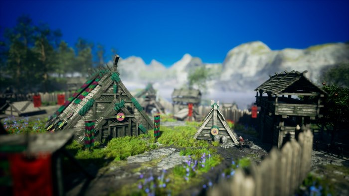 Frozenheim village with wooden buildings and mountains