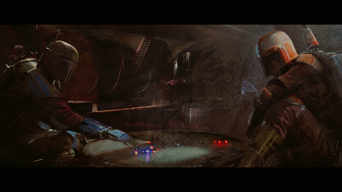 The Mandalorian and another bounty hunter with a circular device