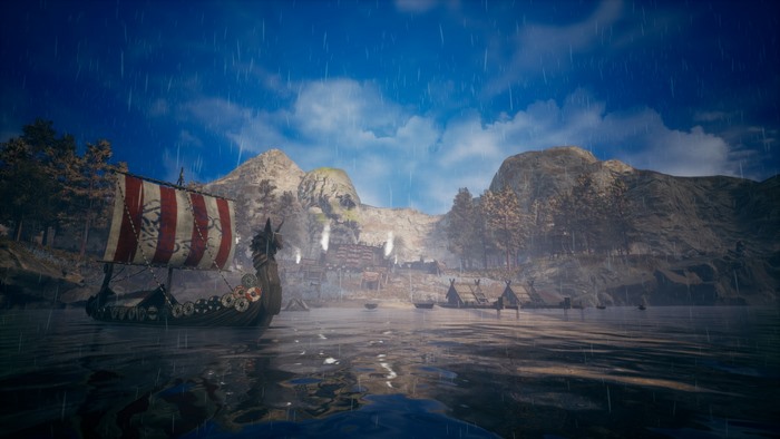 Viking longship sailing near a village in Frozenheim