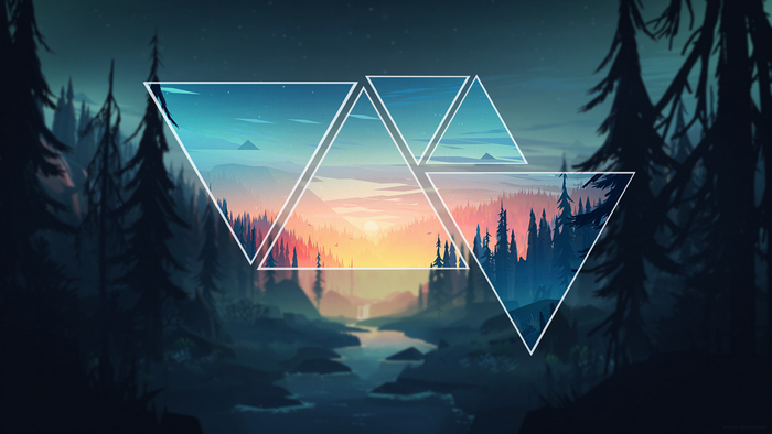 Geometric landscape with forest and mountains