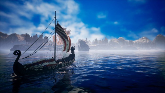 Viking longship sailing on a misty lake