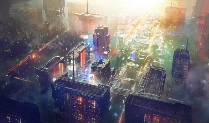 Futuristic cityscape with towering buildings and glowing lights