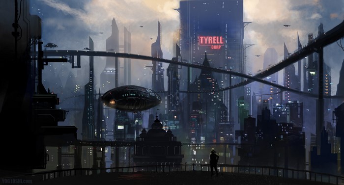 Futuristic cityscape with Tyrell Corp building