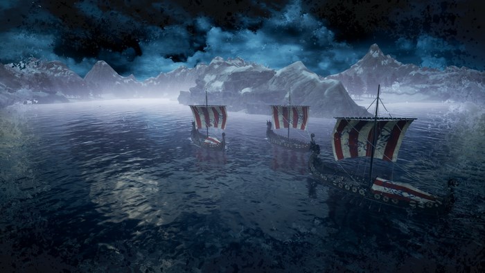 Three Viking longships sail on a dark, choppy sea.