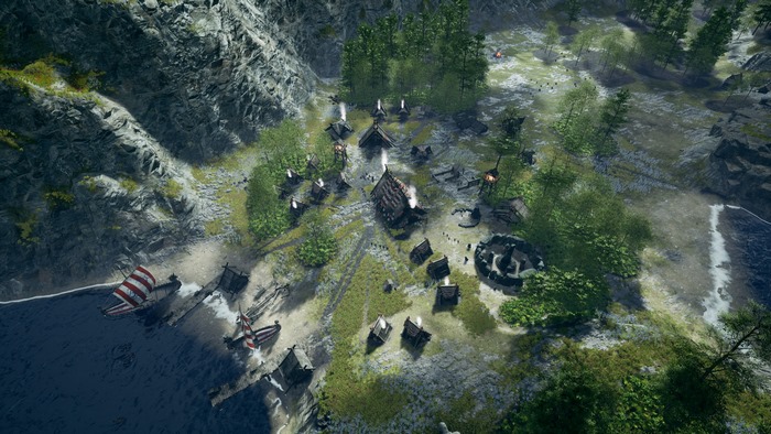 Frozenheim village with Viking ships on the shore