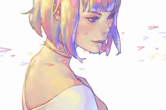 Artwork of a woman with colorful hair