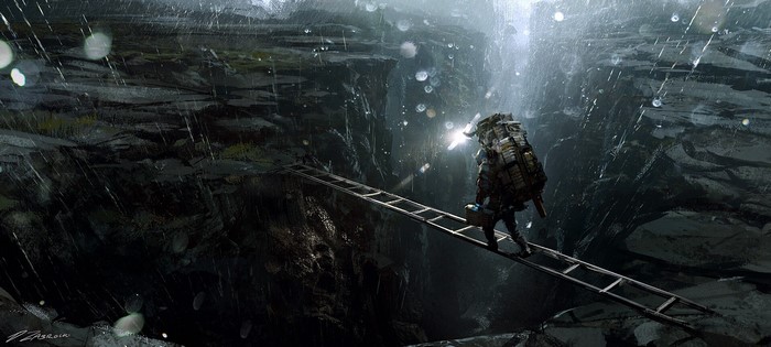 Man crossing a chasm on a ladder bridge in the rain