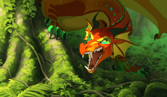A colorful dragon with sharp fangs in a jungle