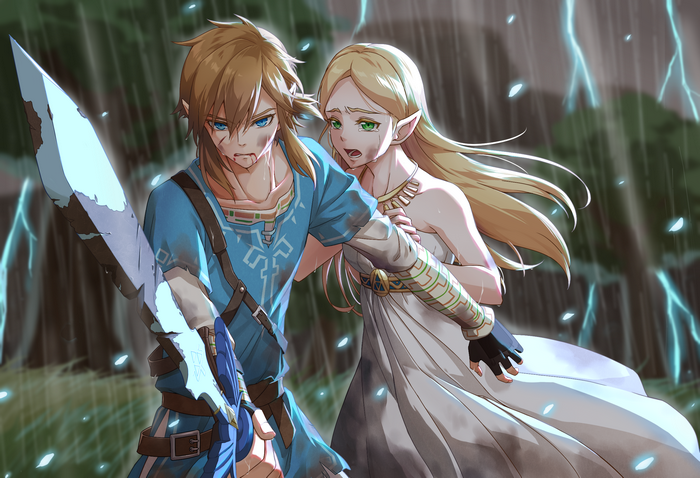Link and Zelda from The Legend of Zelda: Breath of the Wild in the rain